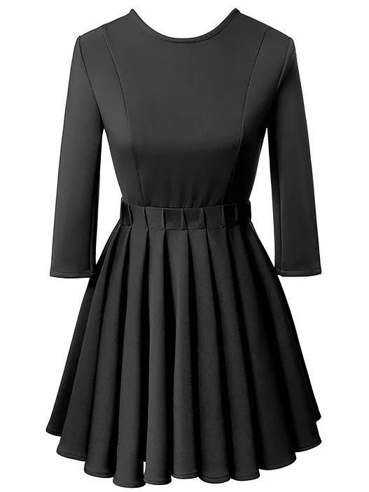 Black Bow-Waist 3/4 Sleeve Flare Dress